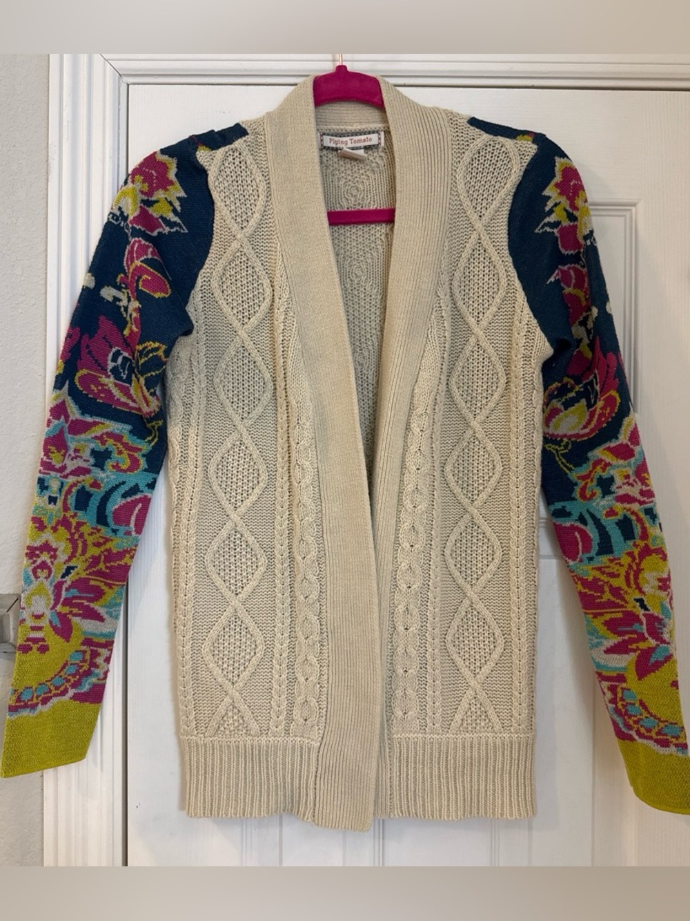 Flying Tomato Cream Cable Knit Cardigan with Navy and Multicolor Floral Sleeves